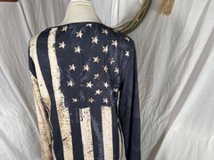 Route 66 Mens Shirt Large Henley Flag USA Blue Brown Button Easy Care