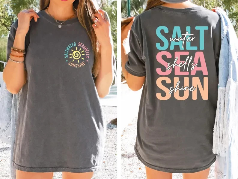 Saltwater Seashells Sunshine T-Shirt Coastal Beach Graphic Tee Summer Top