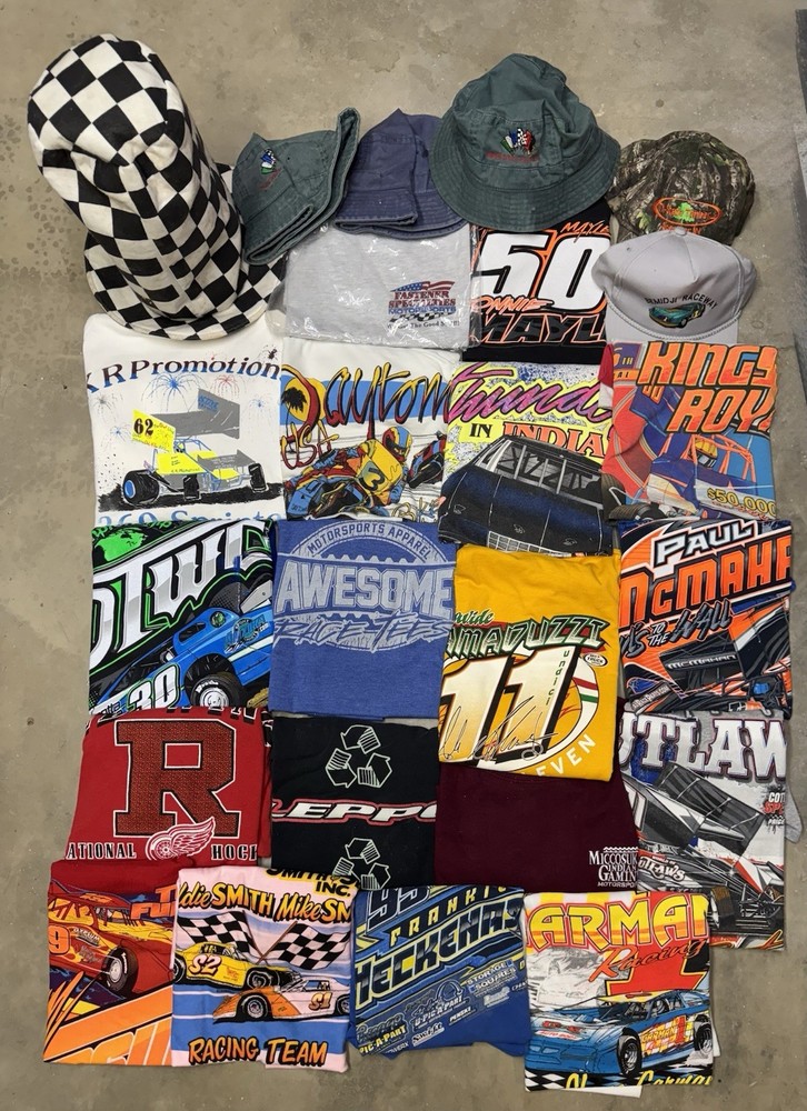 24 Piece Lot 18 Racing T Shirts 6 Hats Nascar, Dirt Reseller Bundle Wholesale