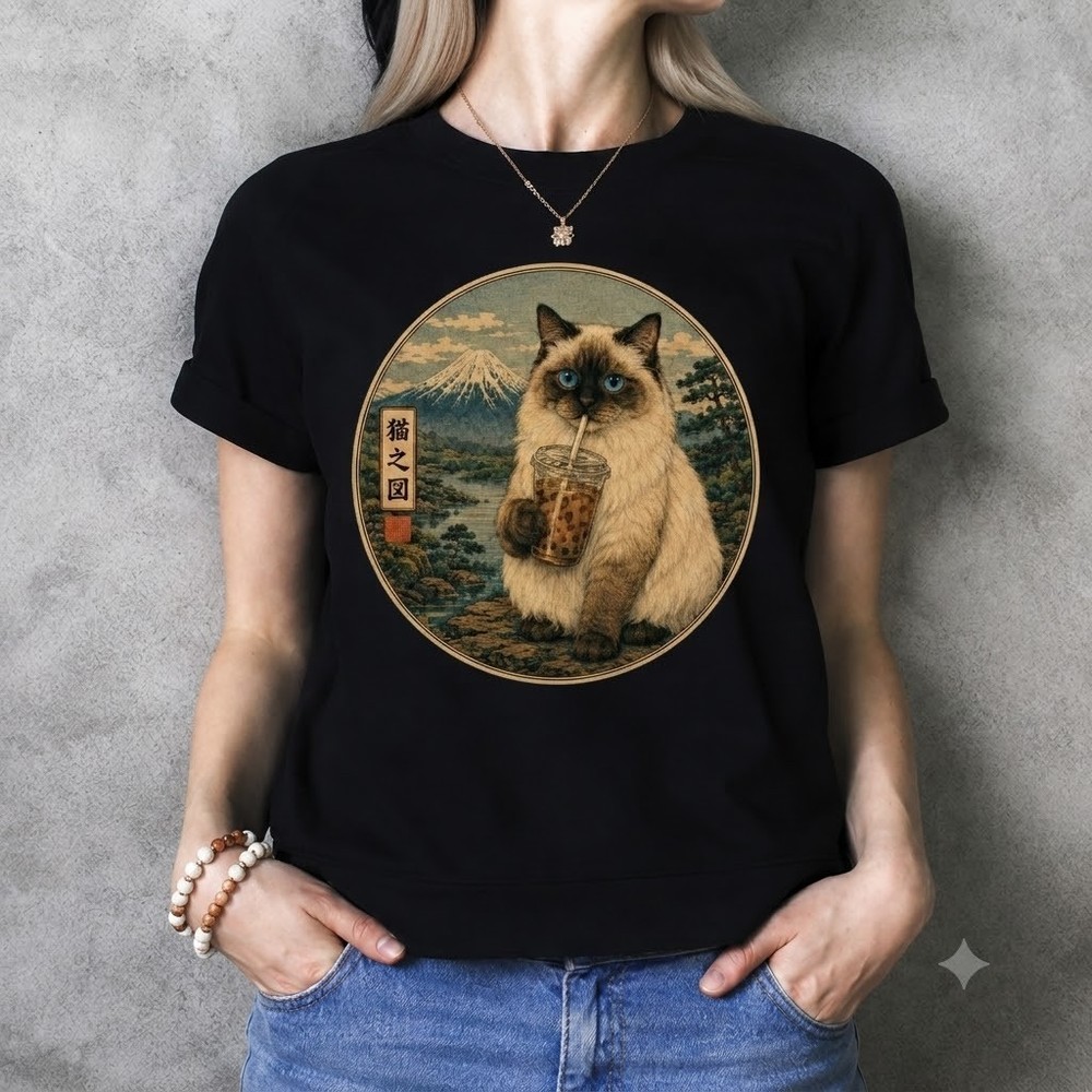 Vintage Japanese Ragdoll Shirt Iced Coffee Cat Asian Art Cat Tee