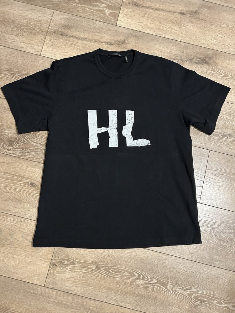 Helmut Lang Crinkle Crumple Logo Luxury Designer Black Tee Authentic Size Large