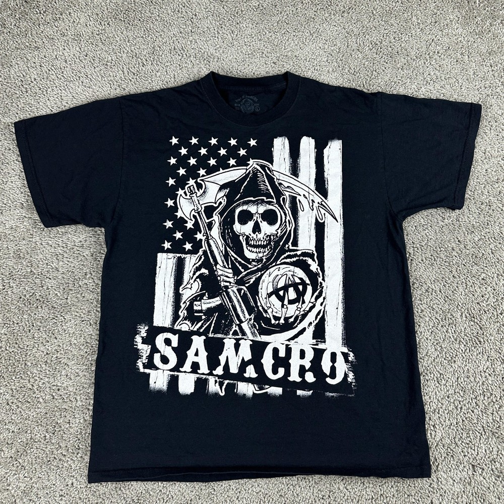 Sons of Anarchy Shirt Mens Large Black SAMCRO Reaper American Flag Graphic Tee