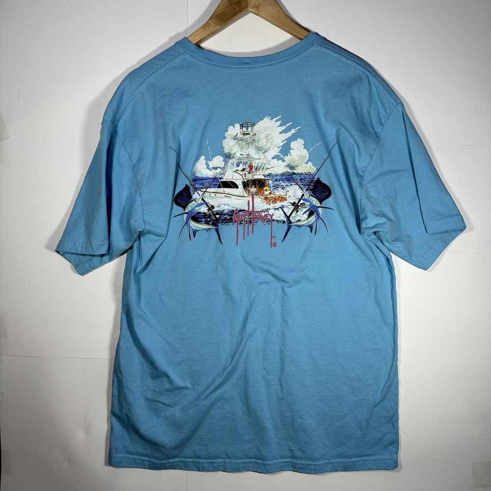 Guy Harvey Mens Shirt Large Blue Graphic Pocket Tee Marlin Fishing Short Sleeve