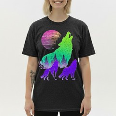 Wolves Howling Moon Forest Silhouette Neon Synthwave Retro Graphic Tee