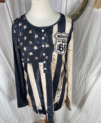 Route 66 Mens Shirt Large Henley Flag USA Blue Brown Button Easy Care