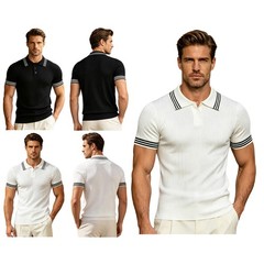 Men Shirt Ribbed Top Summer Knit Tee Casual Button Weekend Business Vacation