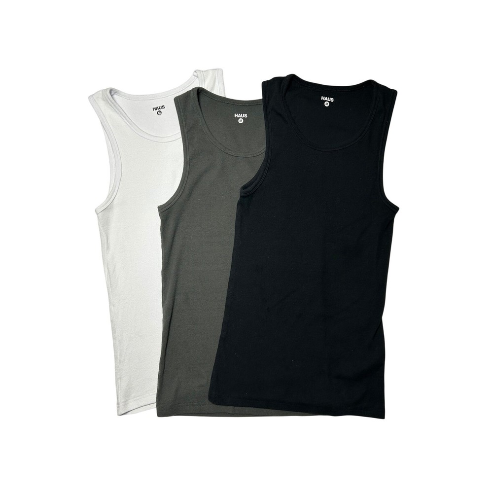 HAUS Ultra Soft Cotton Fitted Tank Set (3) Ribbed Black Grey White Men M Gym