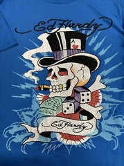 Ed Hardy Mens SZ L Short Sleeve Shirt Capri Blue Skull Dice Rhinestone 2 Sided