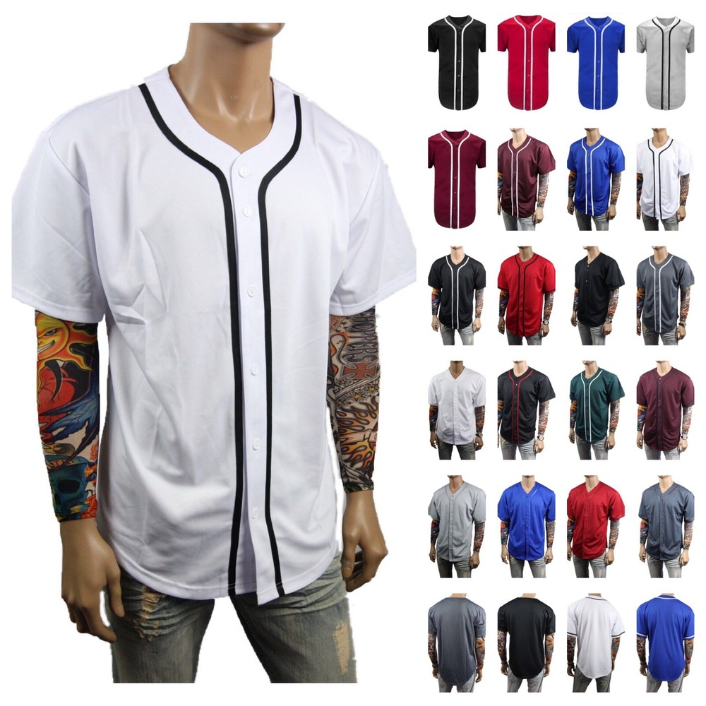 Mens Baseball Plain Jersey T-Shirt Button Sports Fashion Casual Shirt & Jacket