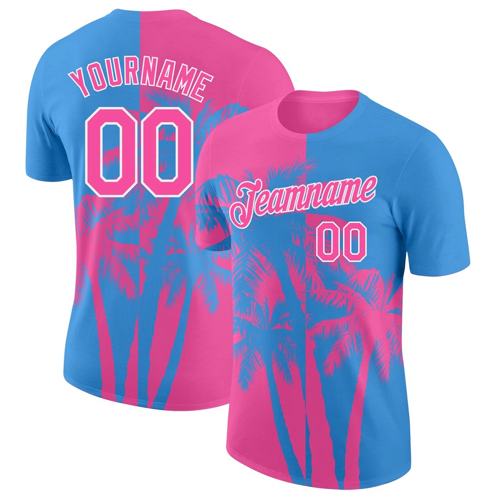 Custom Powder Blue Pink White Hawaii Palm Tree T-Shirt Tropical Summer Gift