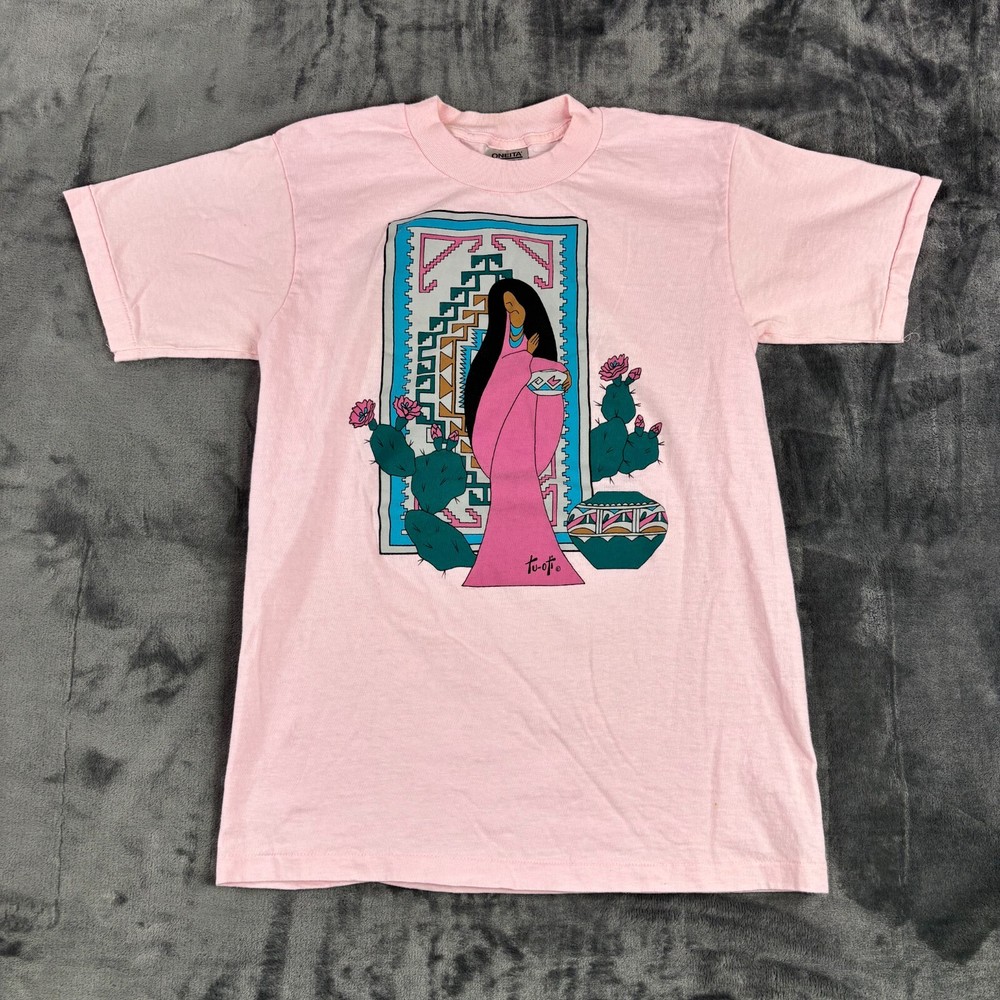 VTG 90s Oneita Power-T T-Shirt M Pink Native American Art Graphic Single Stitch