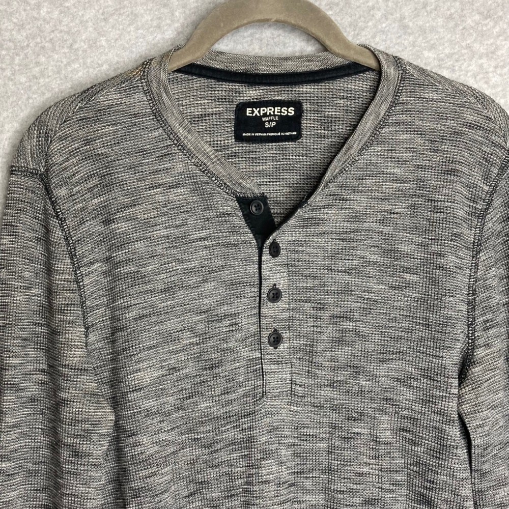 Y2K Express Waffle Knit Henley Shirt Mens Sz S Long Sleeve Heathered Gray Black