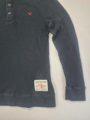 True Religion Thermal Shirt Mens M Black Horseshoe Logo Waffle Knit Henley Neck