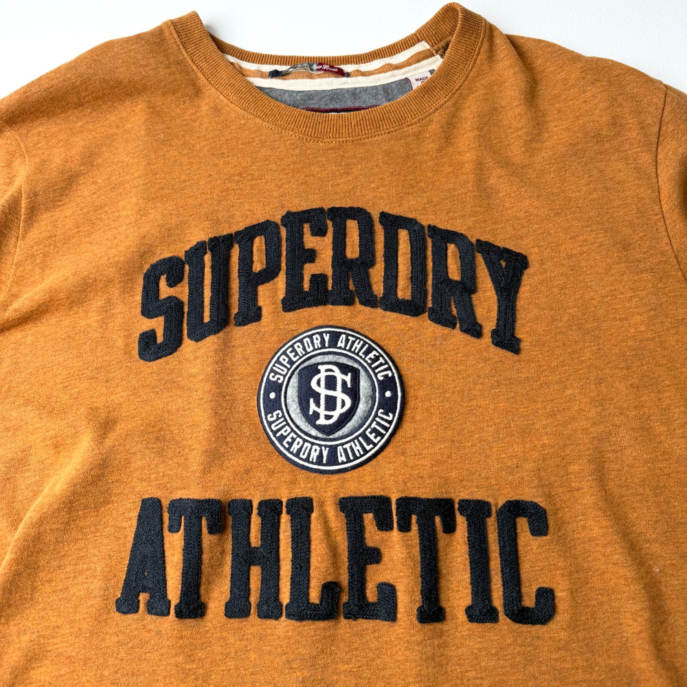 Premium SuperDry Athletic Shirt, Raised Lettering, Soft Feel, Brown, Men’s 2XL