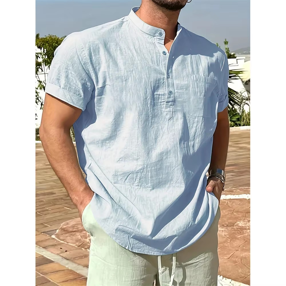 Men’s Cotton Linen Henley Shirt Summer Breathable Casual T-Shirt Tee Casual Gift