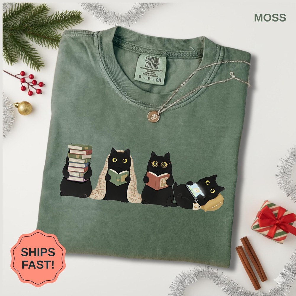Black Cats Reading Shirt, Book Lover Cat Sweatshirt, Cozy Reader T-Shirt