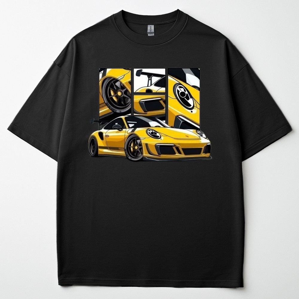 Yellow 911 GT T-Shirt Modern German Sports Car Collage Graphic Tee Tuner Gift