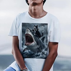 Funny Cat Riding Shark T-Shirt: Cat Lovers Tee