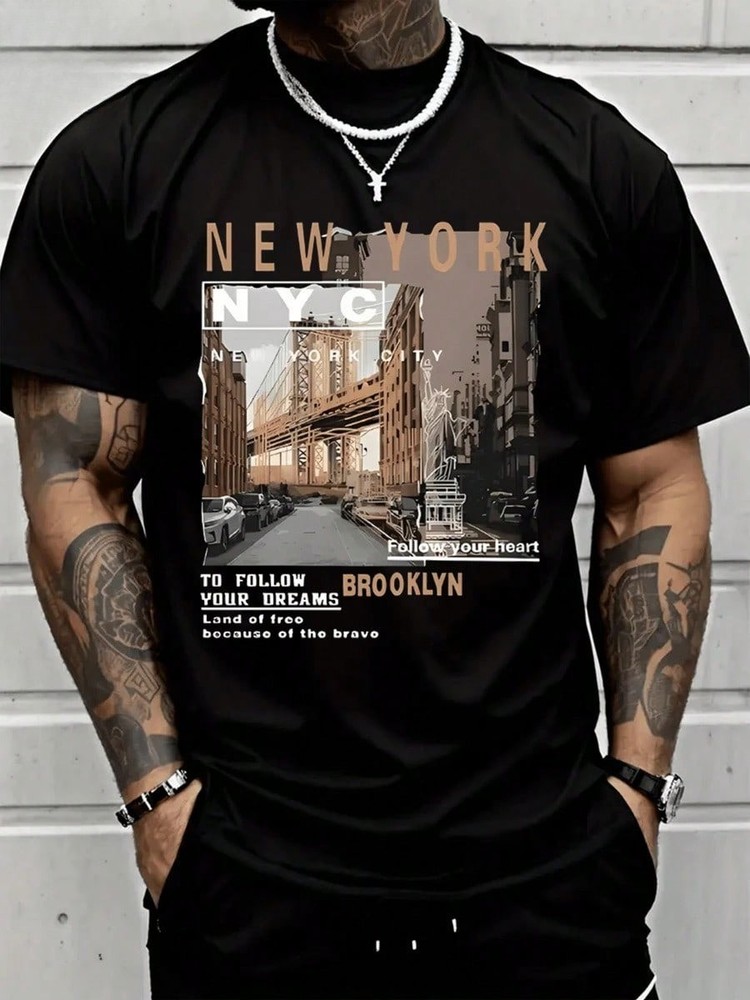 Men’s Casual Cotton Streetwear Street View Of Brooklyn New York T-Shirt