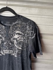 Affliction Double Skull Beaded Cross Graphic Black T-Shirt Men’s Large