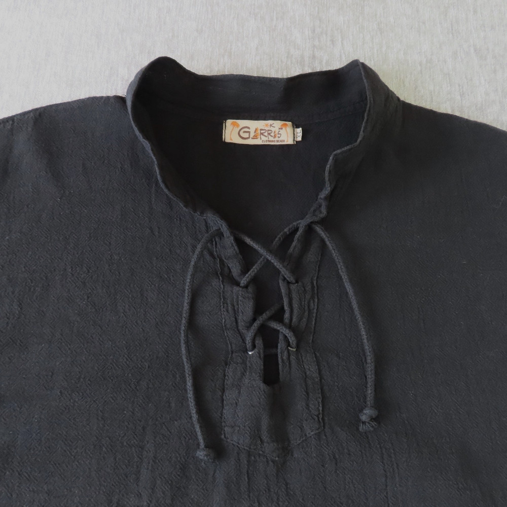 Garras Shirt Mens XL Black Cotton Gauze Lace Up Mexican Festival Beach Casual