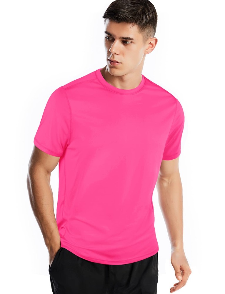 Workout Shirts for Men Dry Fit Short Sleeve Crew Neck,Hot Pink,S