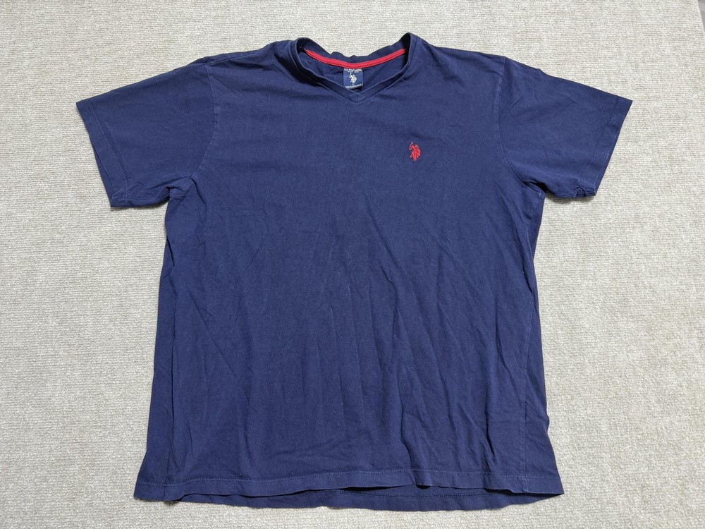 US Polo Assn Shirt Mens Large Navy Blue Red Embroidered Logo V Neck Tee Cotton