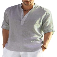 Mens Cotton Linen Long Sleeve Shirt Solid Loose Blouse Button Down Tops T Shirt