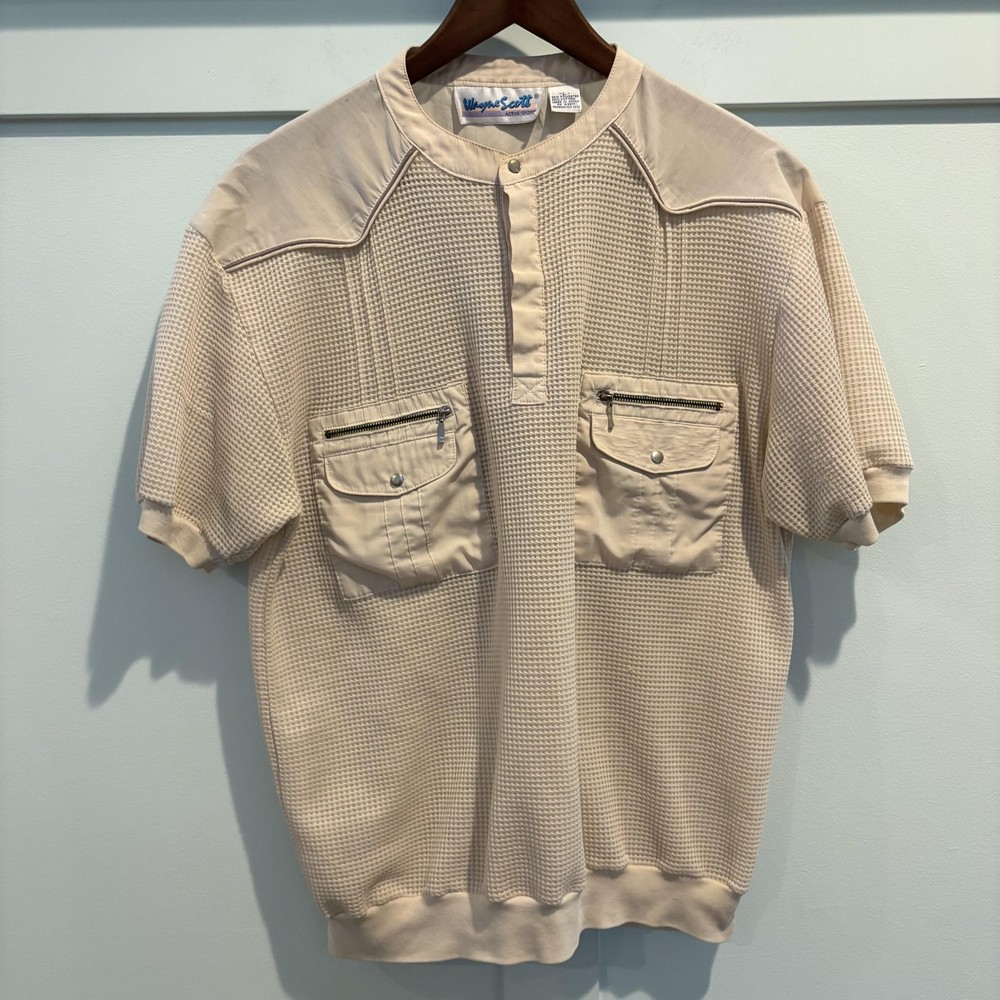 Vintage Wayne Scott Henley Shirt Mens Large Cream Dual Zip Pockets Waffle Knit