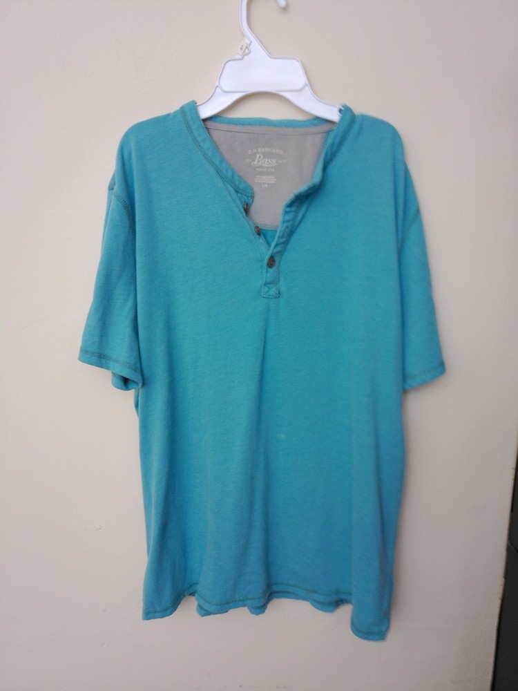 G.H. Bass & Co. Henley T-Shirt Mens Teal Blue Size Large Short Sleeve