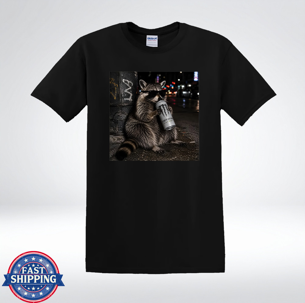 Cool Raccoon Drinking Energy Drink Funny Trash Panda T-Shirt