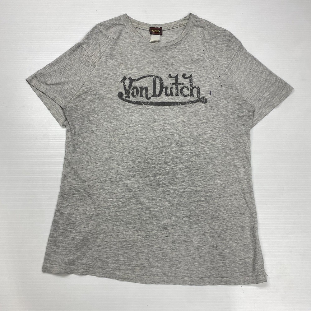 Vtg Von Dutch Script Spellout Logo Mens Shirt M Gray Y2K Retro Punk USA Graphic