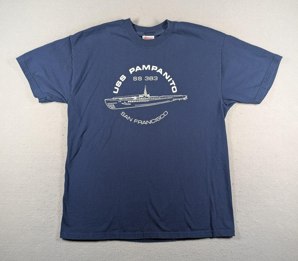 Vintage Hanes Shirt Mens Large Blue USS Pampanito Submarine Graphic Tee Navy