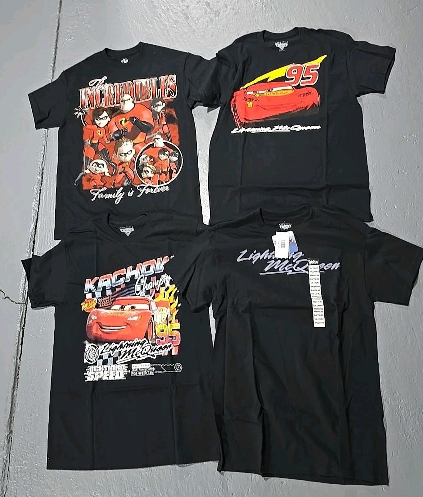 Disney Pixar Cars Incredibles Black T-Shirt Lot 4pc SZ Medium (Y)