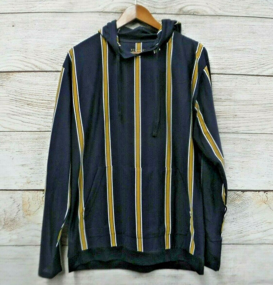 Straight Faded Hooded Shirt Mens Large Blue & Gold Striped Skinny Fit New