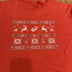 Unisex ASICS Red Holiday Short Sleeve Tee. Ugly Christmas Sweater Graphic Sz 2XL