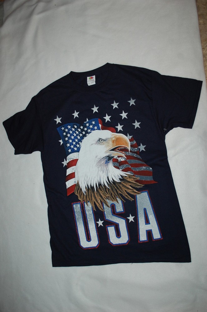 Mens S/S Tee Shirt NAVY BLUE Patriotic USA Stars Stripes BALD EAGLE Flag S 34-36