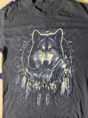 Vintage Y2K Nature Wolf Native Bog Print Black Shirt Size Medium!!