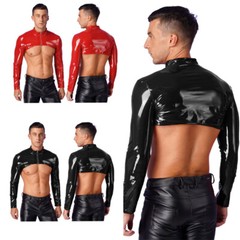 US Mens Shrug Stand Collar Clubwear Long Sleeve Crop Top Patent Leather Slim Top