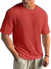 Mens Summer T Shirt Casual Ribbed Crew Neck Short Sleeve Solid Color Tee Top