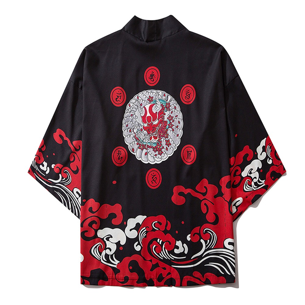 Niepce Men’s Demon Mask Kimono Graphic Lightweight Harajuku T-Shirt Cardigan
