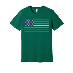 Unisex American Flag Tee With Rainbow Stripes Graphic Across Chest For Pride And