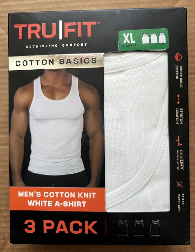 TRUFIT 3 PACK MEN’S XL COTTON KNIT WHITE A-SHIRT COOL DRY STRETCH COMFORT TAGFRE