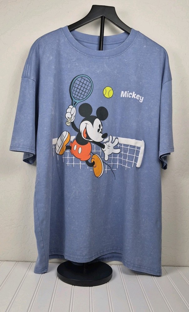 ​Disney Mickey Mouse Tennis T Shirt Size L Blue Acid Wash Double Sided Graphics