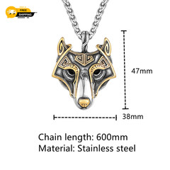 Viking Wolf Head Pendant Necklace Men Norse Nordic Silver Gold Stainless Steel