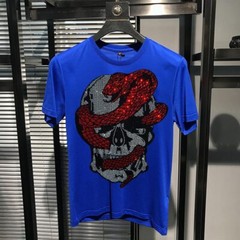 New Men Fashion Diamonds T-Shirt Skull Horror Rhinestones Hot Drill Short Sleeve
