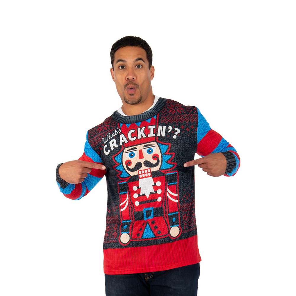 Faux Real Men’s 3D Photo-Realistic Ugly Christmas T-Shirt, What’s Crackin, Small