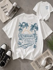 Tropical Beach Sunset Graphic Unisex T-Shirt | Coastal Palm Tree Back Print