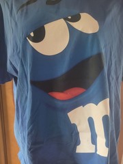 Y2K Blue M&M Candy Big Face Logo Front Graphic 2009 Men’s Advertising T-Shirt