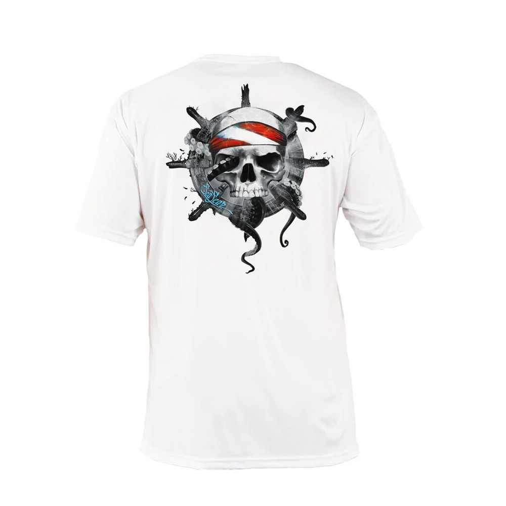 Sea Fear Men’s 50+ UPF Short Sleeve Rash Guard Scuba Diving, Octo Skull, White
